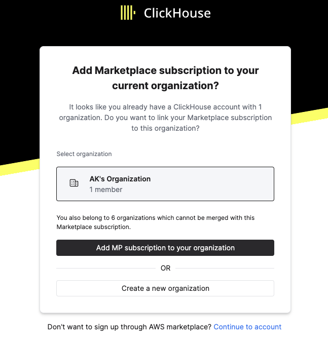 ClickHouse Cloud interface showing how to add a marketplace subscription to an existing organization - Zoomed