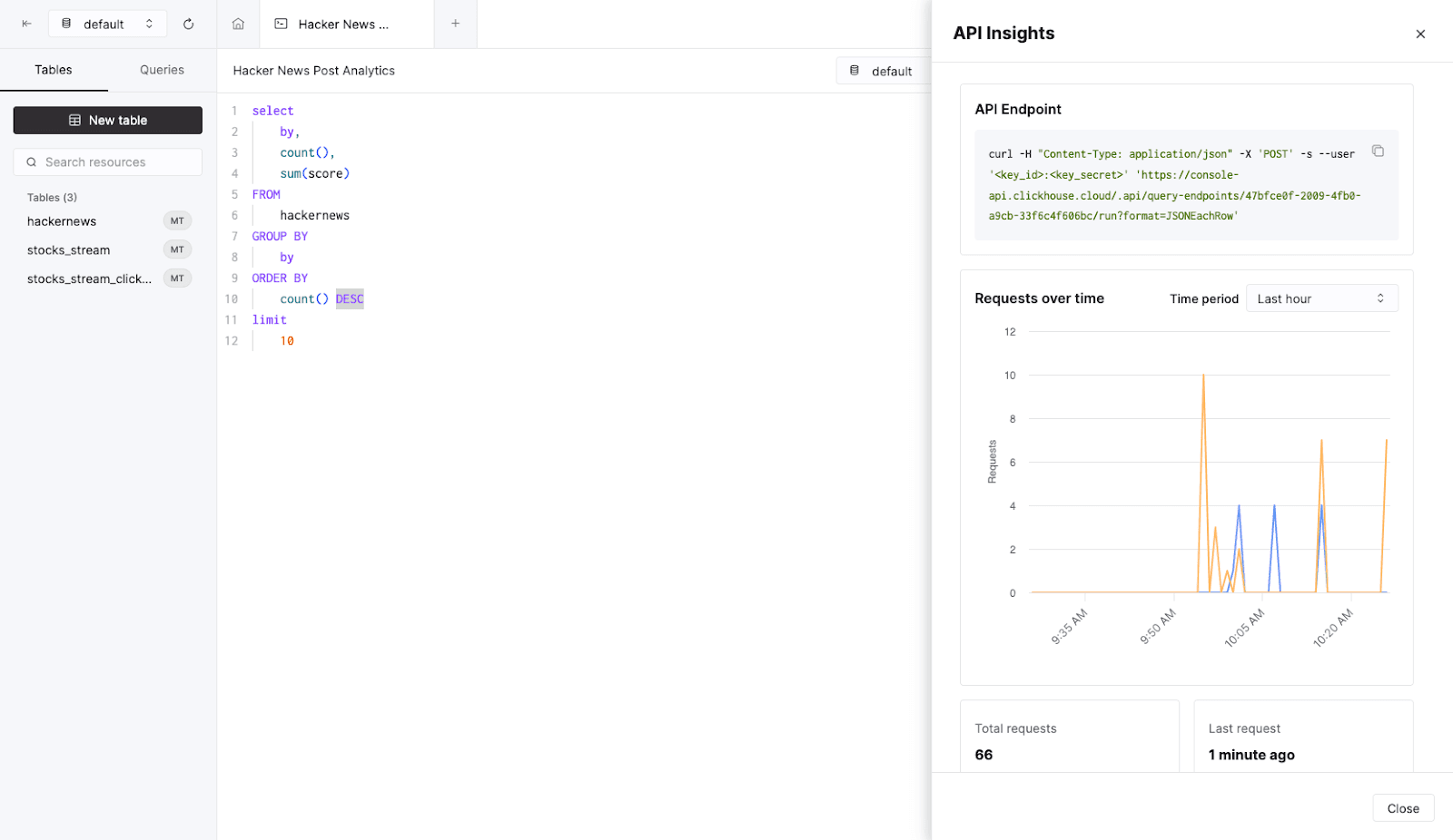 ClickHouse Cloud interface showing the API Endpoints configuration with various settings - Zoomed