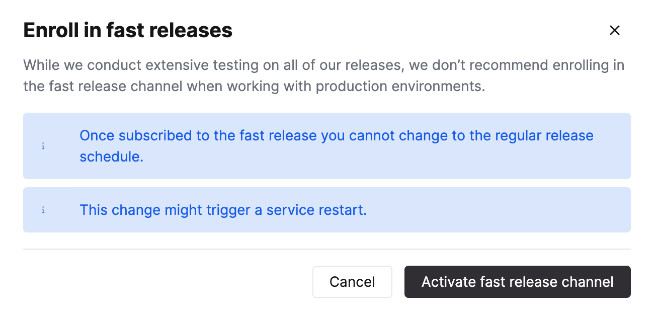 ClickHouse Cloud settings page showing the option to enroll in fast releases - Zoomed
