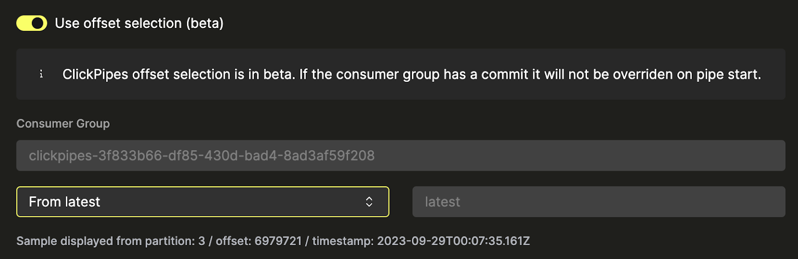 ClickPipes Kafka connector configuration interface showing offset selection options - Zoomed