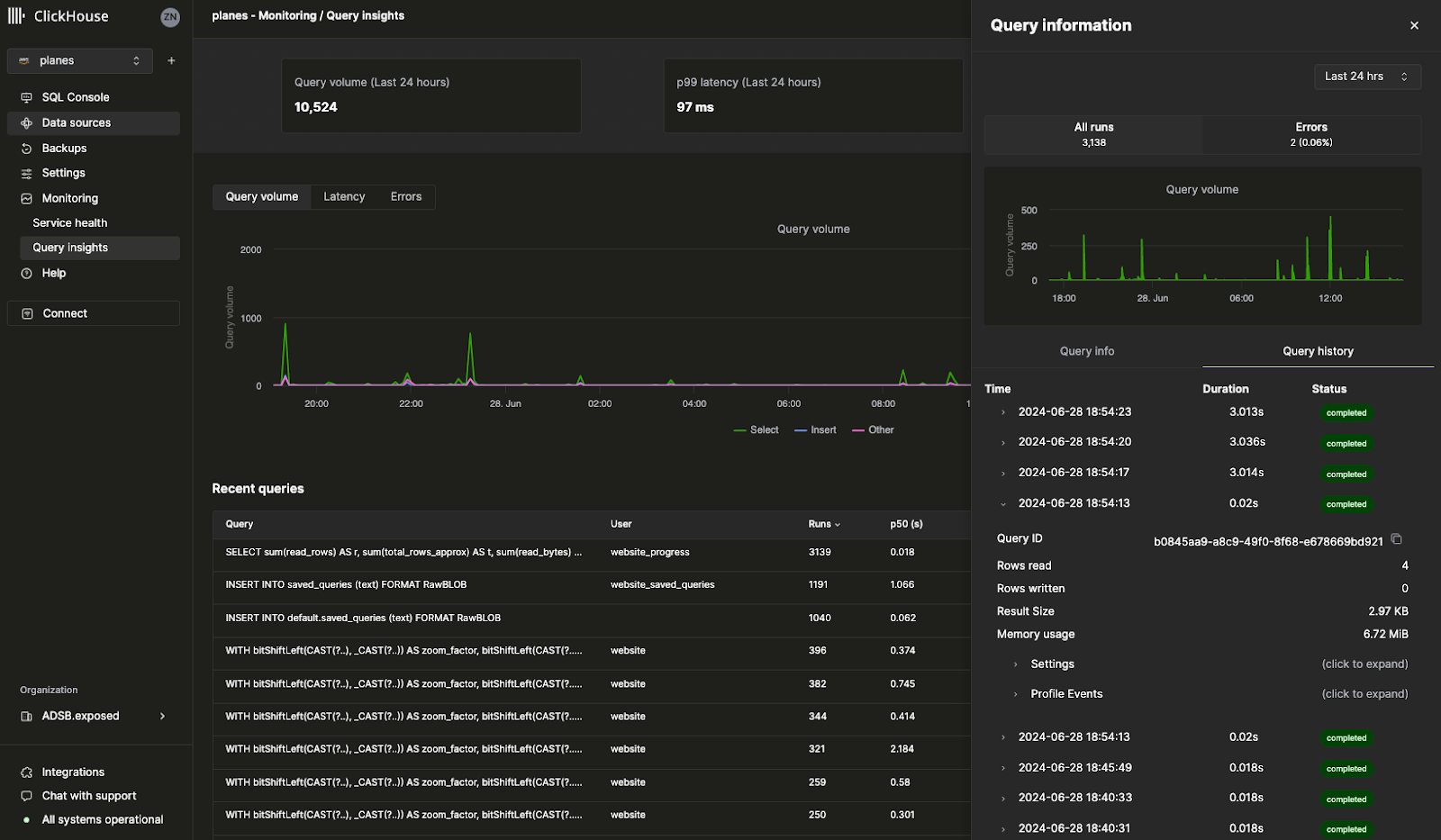 ClickHouse Cloud Query Insights UI showing query performance metrics and analysis - Zoomed