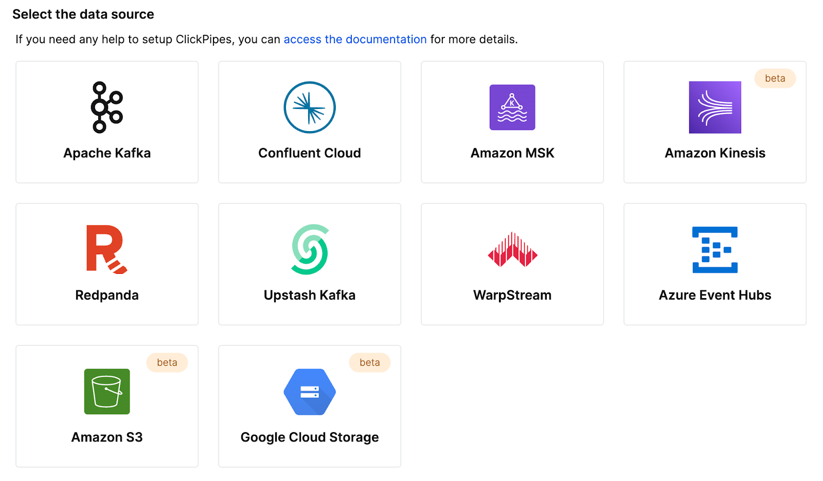 ClickPipes interface showing Amazon Kinesis integration configuration options - Zoomed