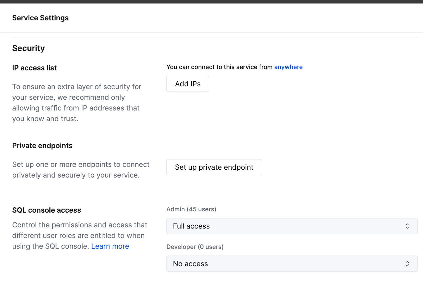 ClickHouse Cloud console showing private endpoint setup interface in the security settings - Zoomed