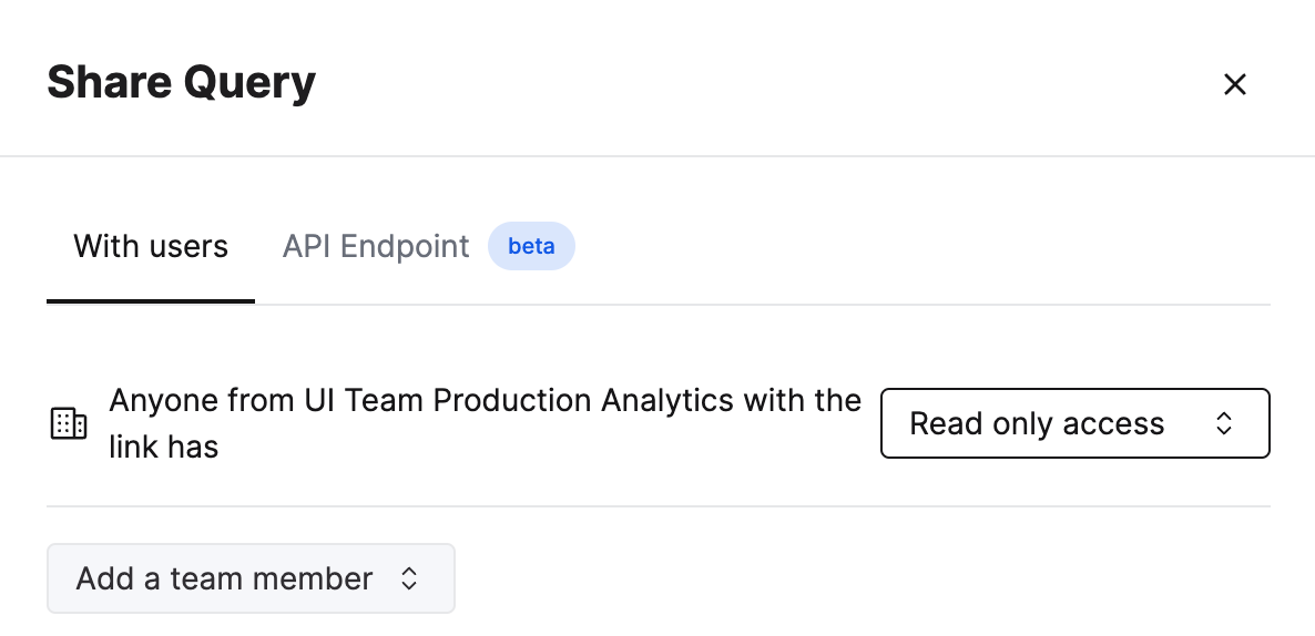 ClickHouse Cloud query editor showing the share functionality with permission options - Zoomed